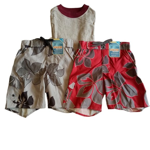 Boys 3 piece Swim Lotsz 41 Shirt2 pr Board/Swim ShortsBurgundy/Grey NWT